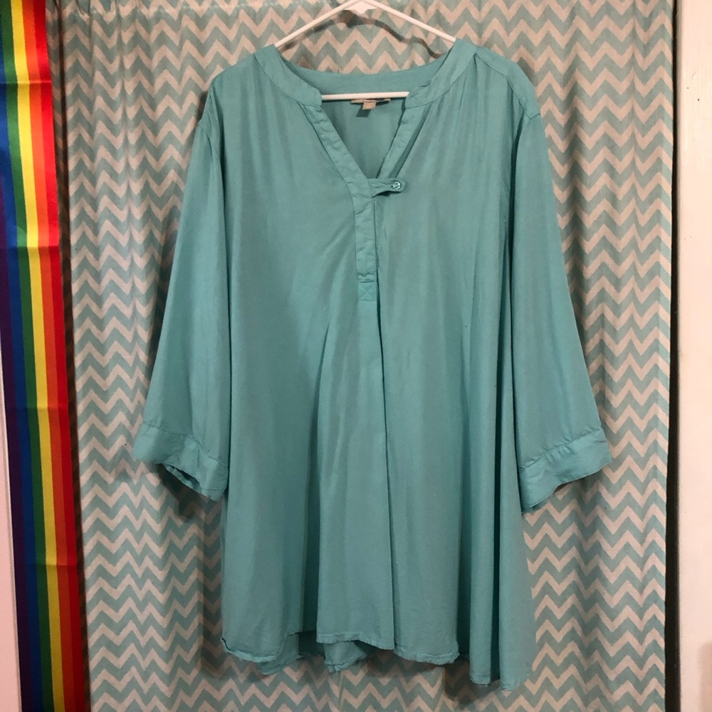 Woman Within plus size blue rayon 3/4 sleeve pullover blouse top